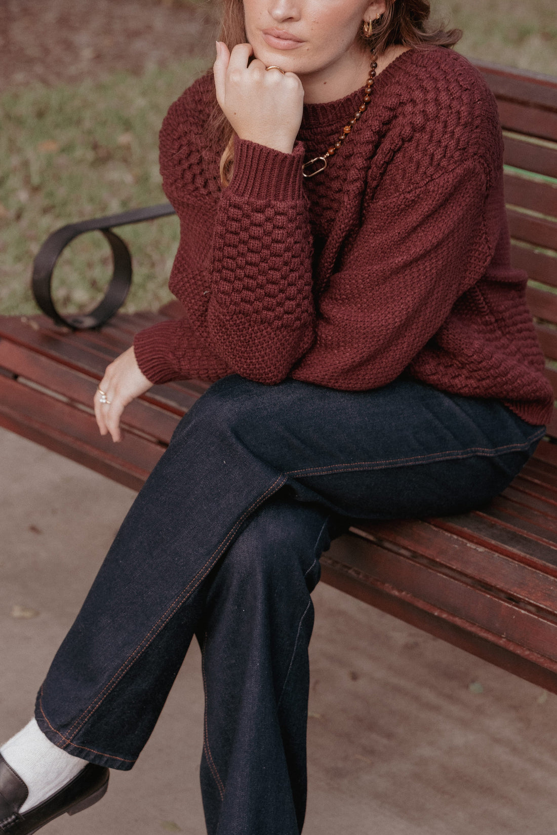 KNITWEAR Fiora Waffle Stitch Sweater - Burgundy