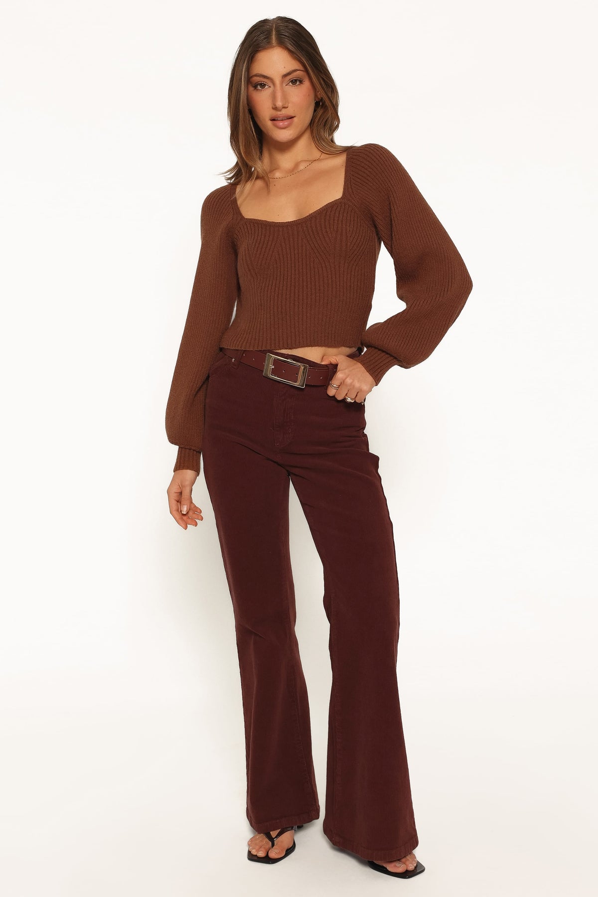 KNITWEAR Gia Sweetheart Neck Bell Sleeve Knit Sweater - Chocolate
