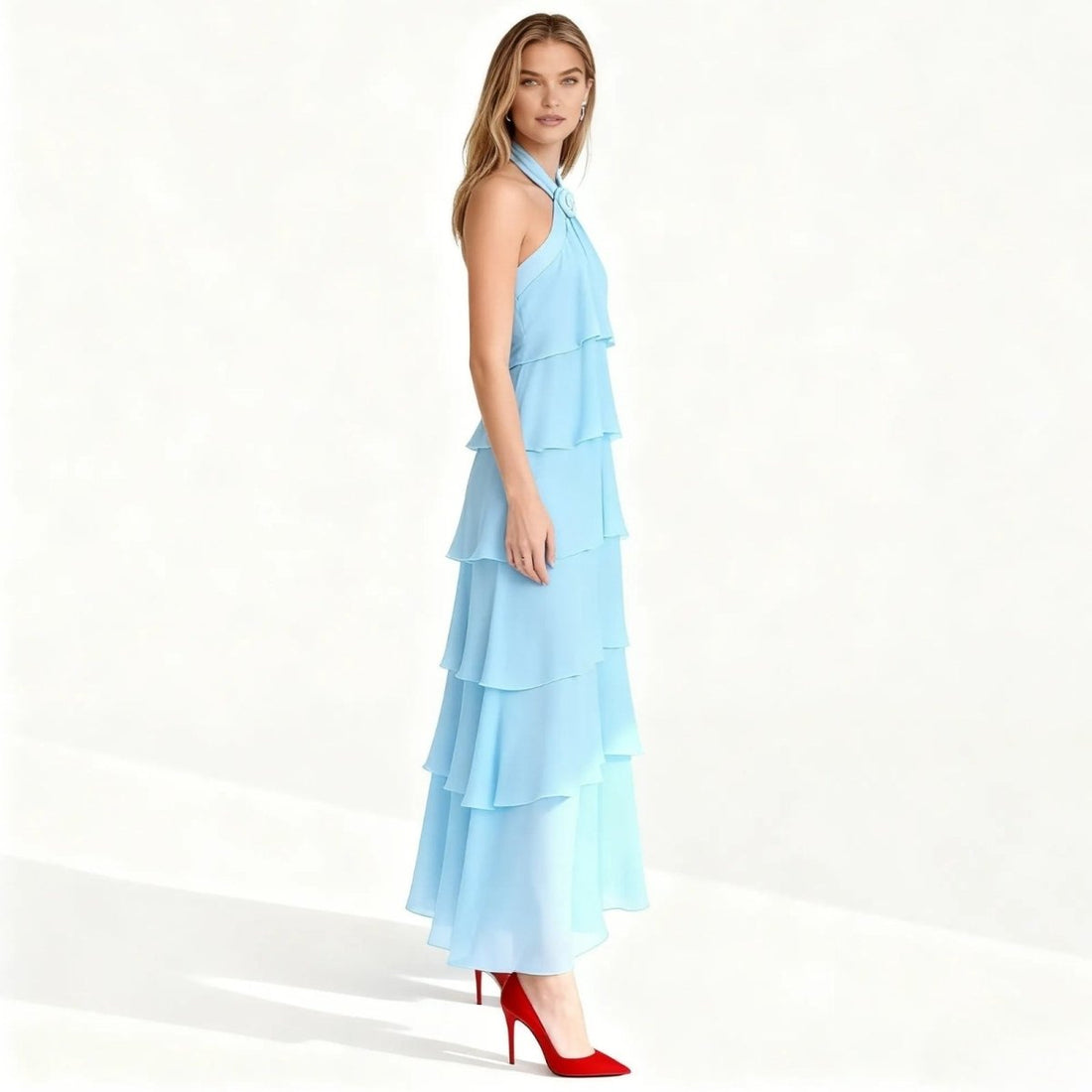 Women's Tiered Ruffle Halter Maxi Dress - Rosette - Wedding Guest