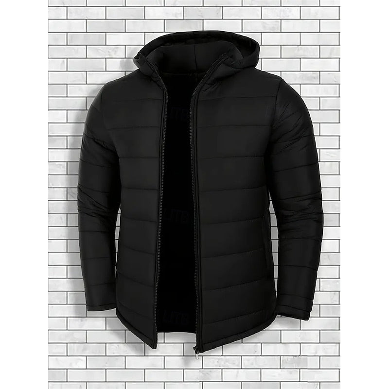 Quilted Puffer Jacket with Attached Hood and Full Zipper, Side Pockets