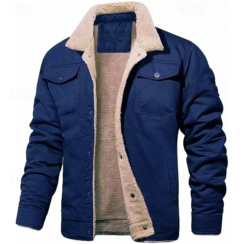 Plush Lined Trucker Jacket with Button Front and Hip Length, Multiple Pockets