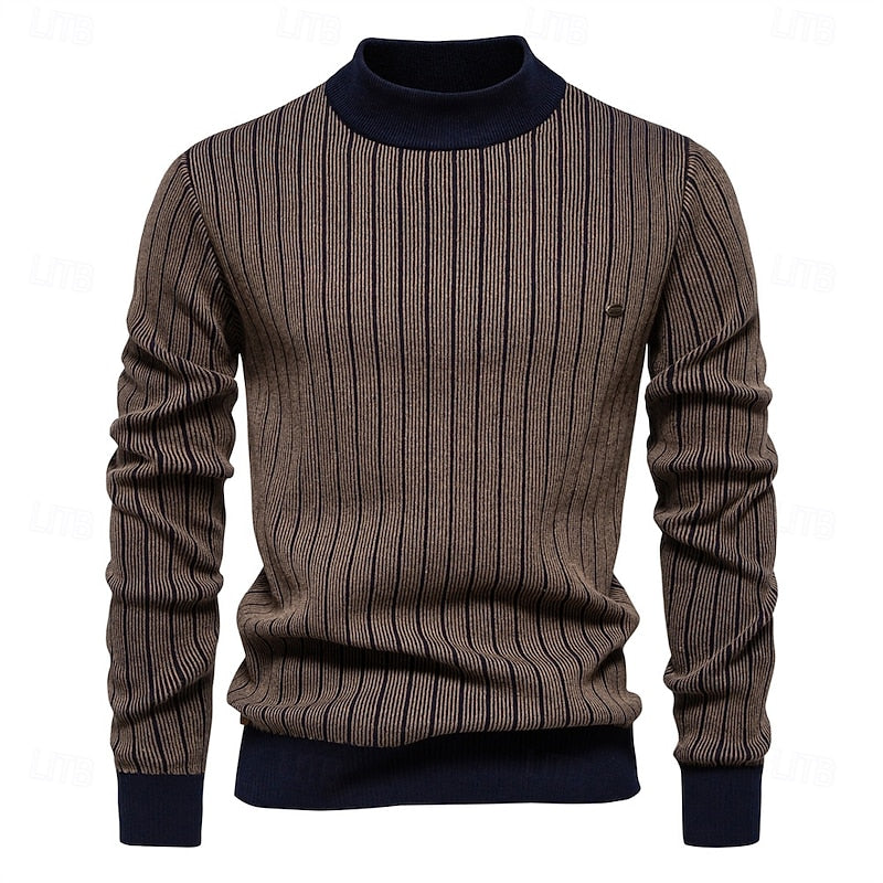 Vertical Ribbed Mock Neck Sweater with Tailored Fit for Cold Weather