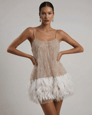 Women's Sequin Spaghetti Strap Sweetheart Feather Trim Mini Dress