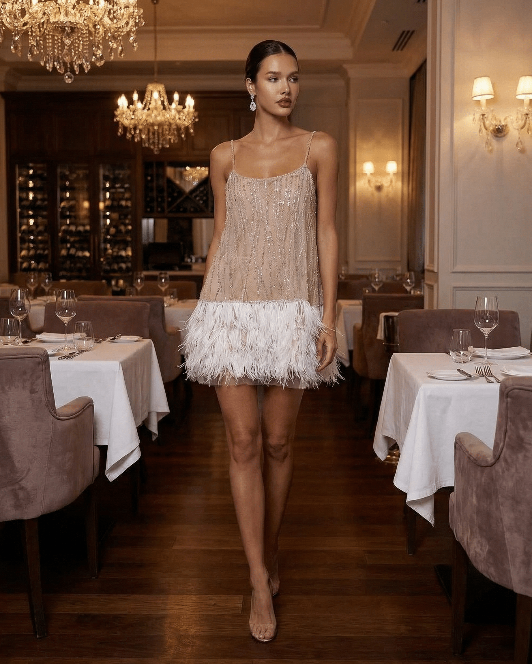 sequin feather trim mini dress Rosalinda | Black Sequin Square-Neck Mini Dress With Feather Trim