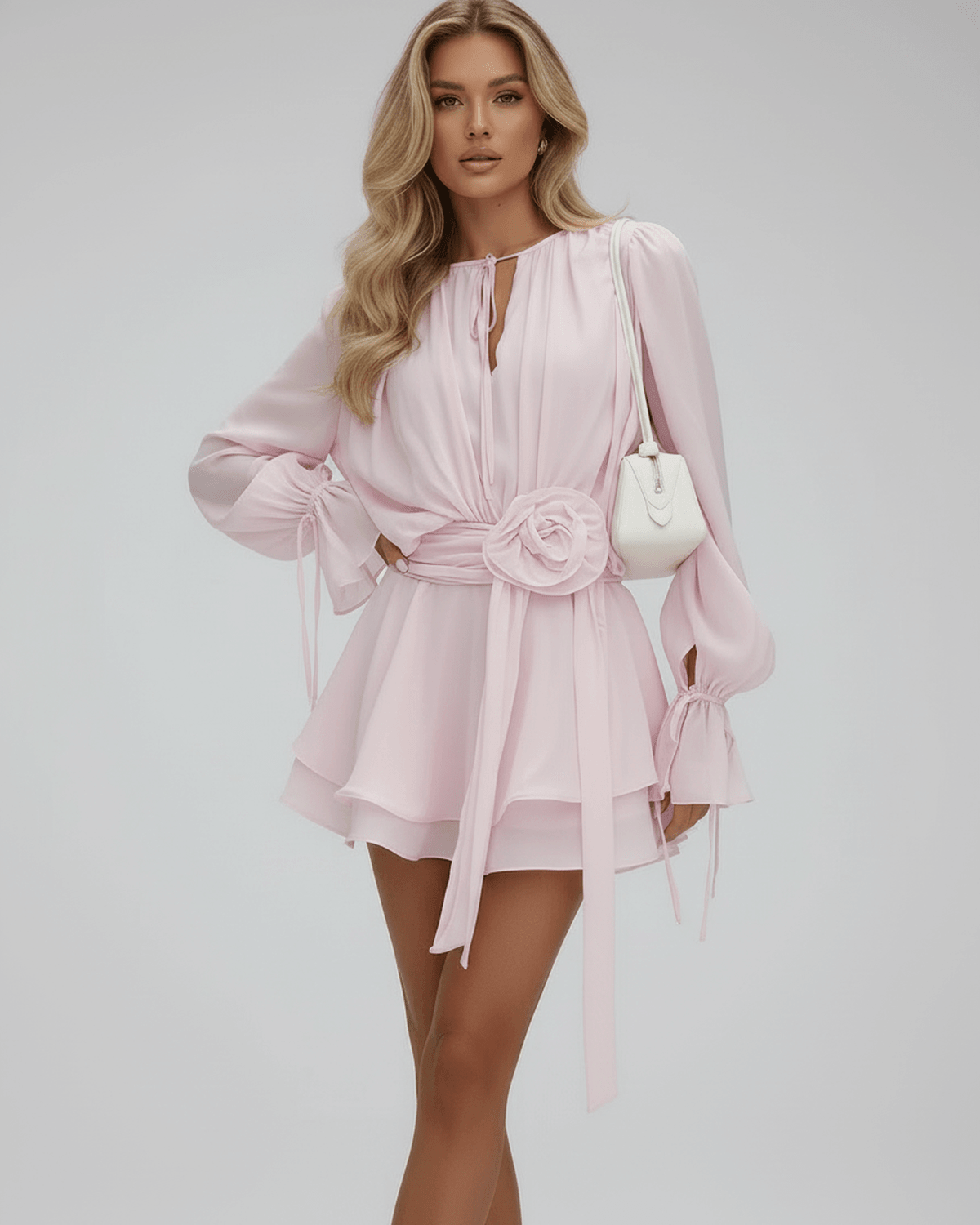 Women's Keyhole Neck Long Sleeve Tiered Ruffle Mini Dress