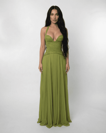 Women's Halter Neck Sweetheart Lace Up Back Pleated Maxi Dress