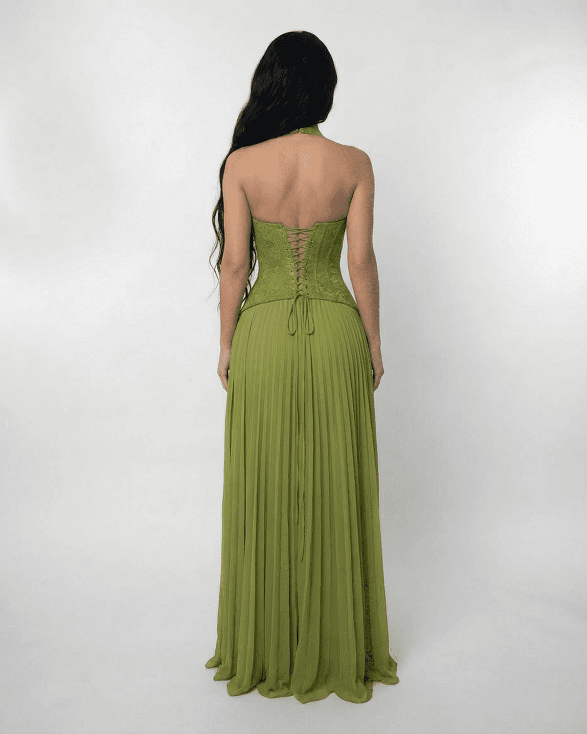 Women's Halter Neck Sweetheart Lace Up Back Pleated Maxi Dress
