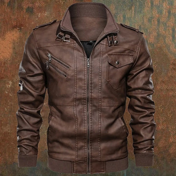 Full Zip Biker Jacket with Stand Collar and Ribbed Cuffs