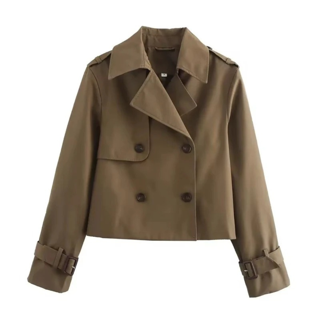Women's Short Trench Coat with Double Breasted Closure and Adjustable Sleeve Buckles