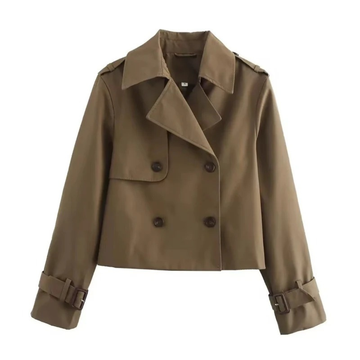 Women's Short Trench Coat with Double Breasted Closure and Adjustable Sleeve Buckles