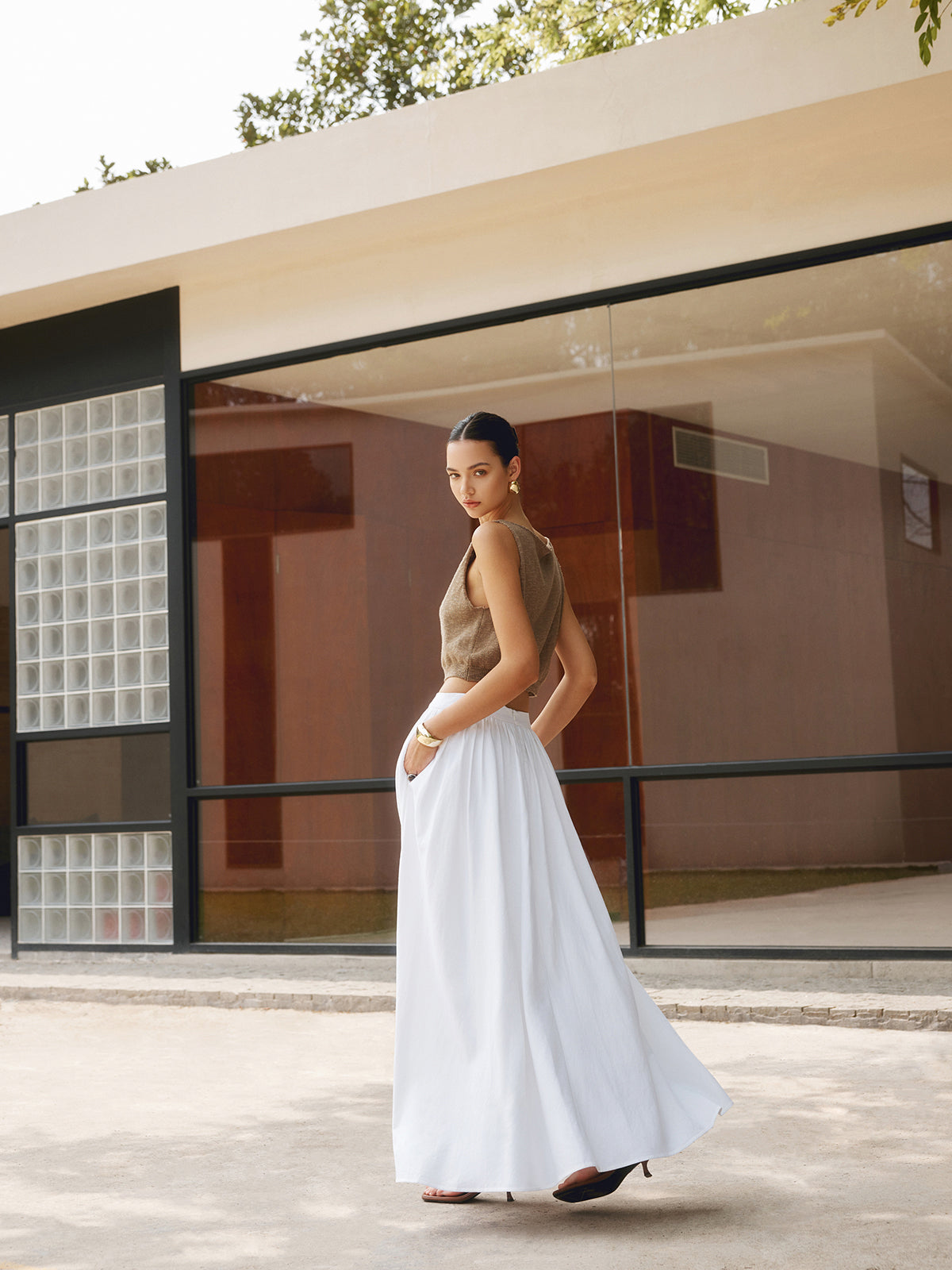 Women's Linen Maxi Skirt High-Waisted Pleated