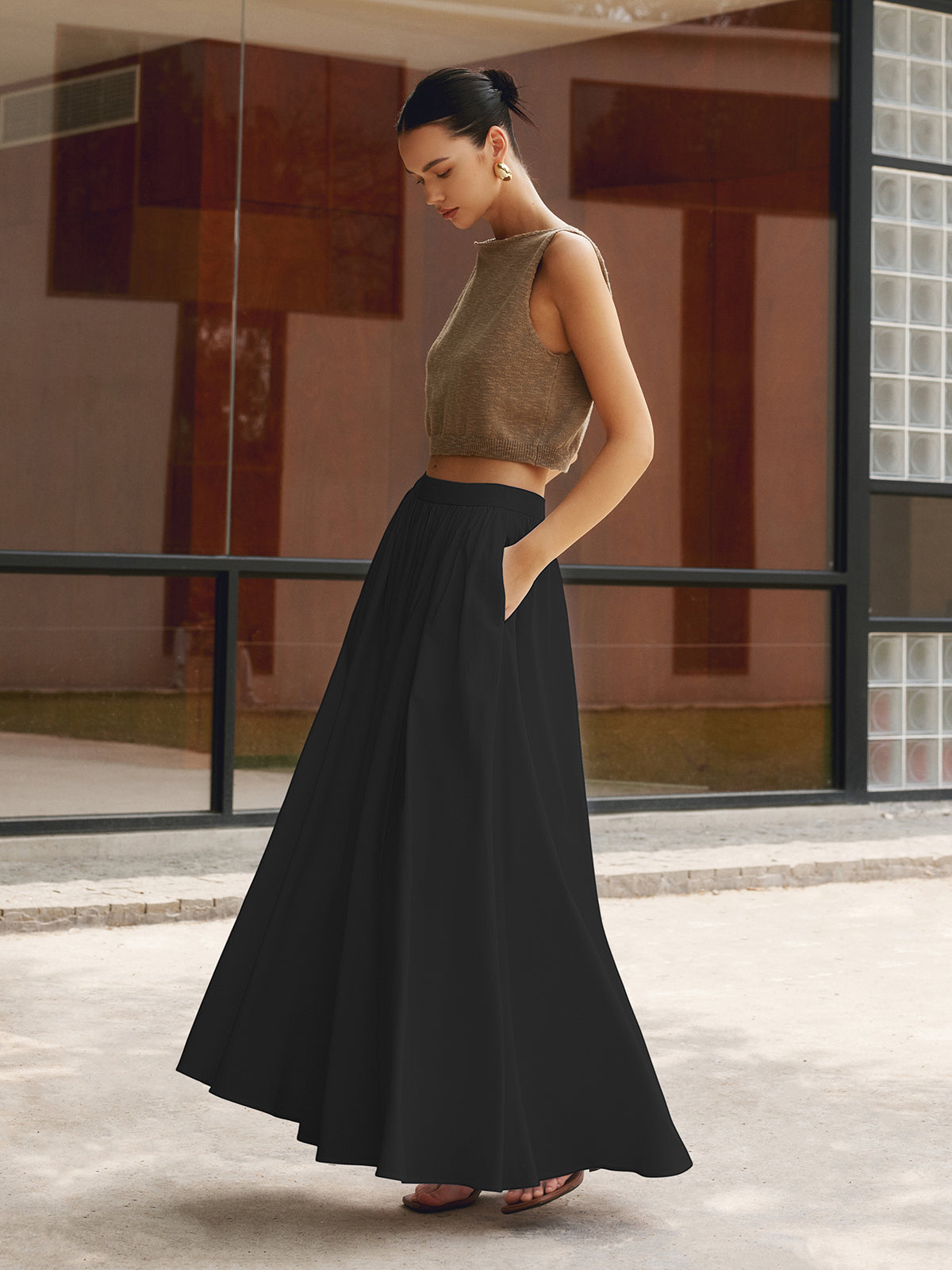 Women's Linen Maxi Skirt High-Waisted Pleated
