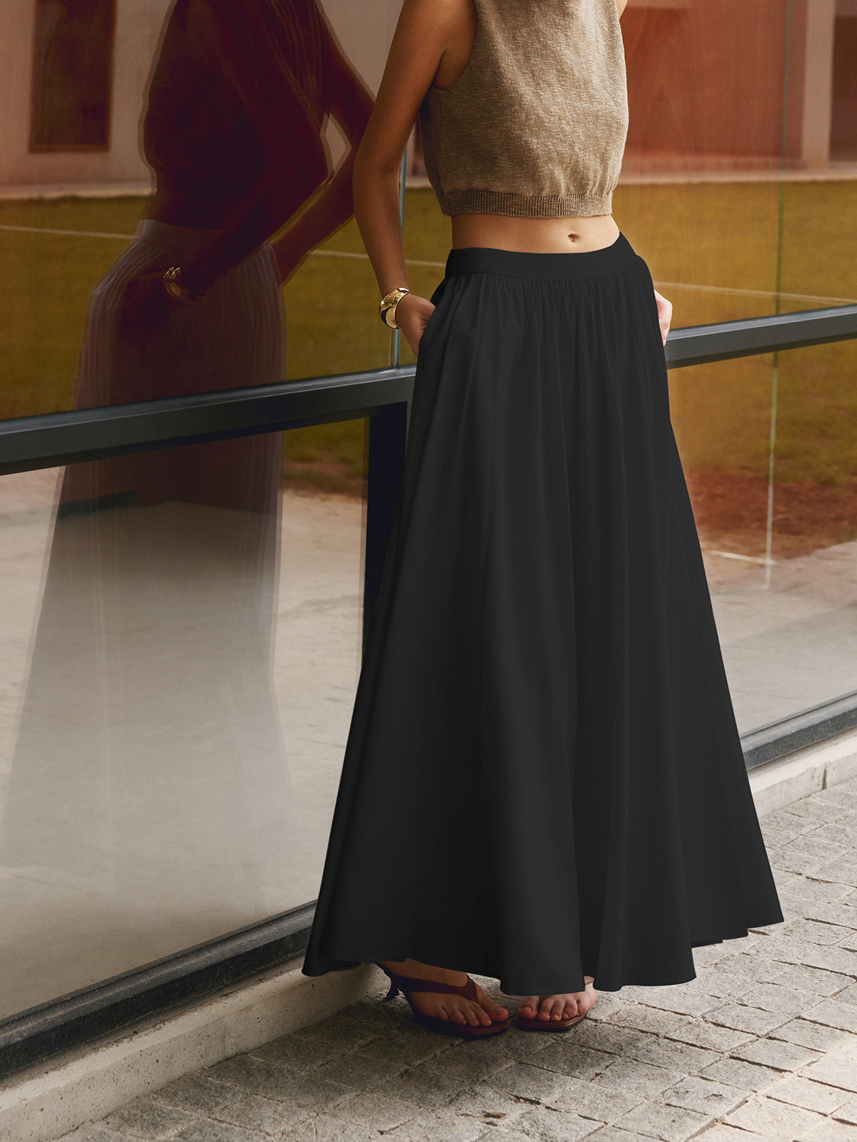 Women's Linen Maxi Skirt High-Waisted Pleated