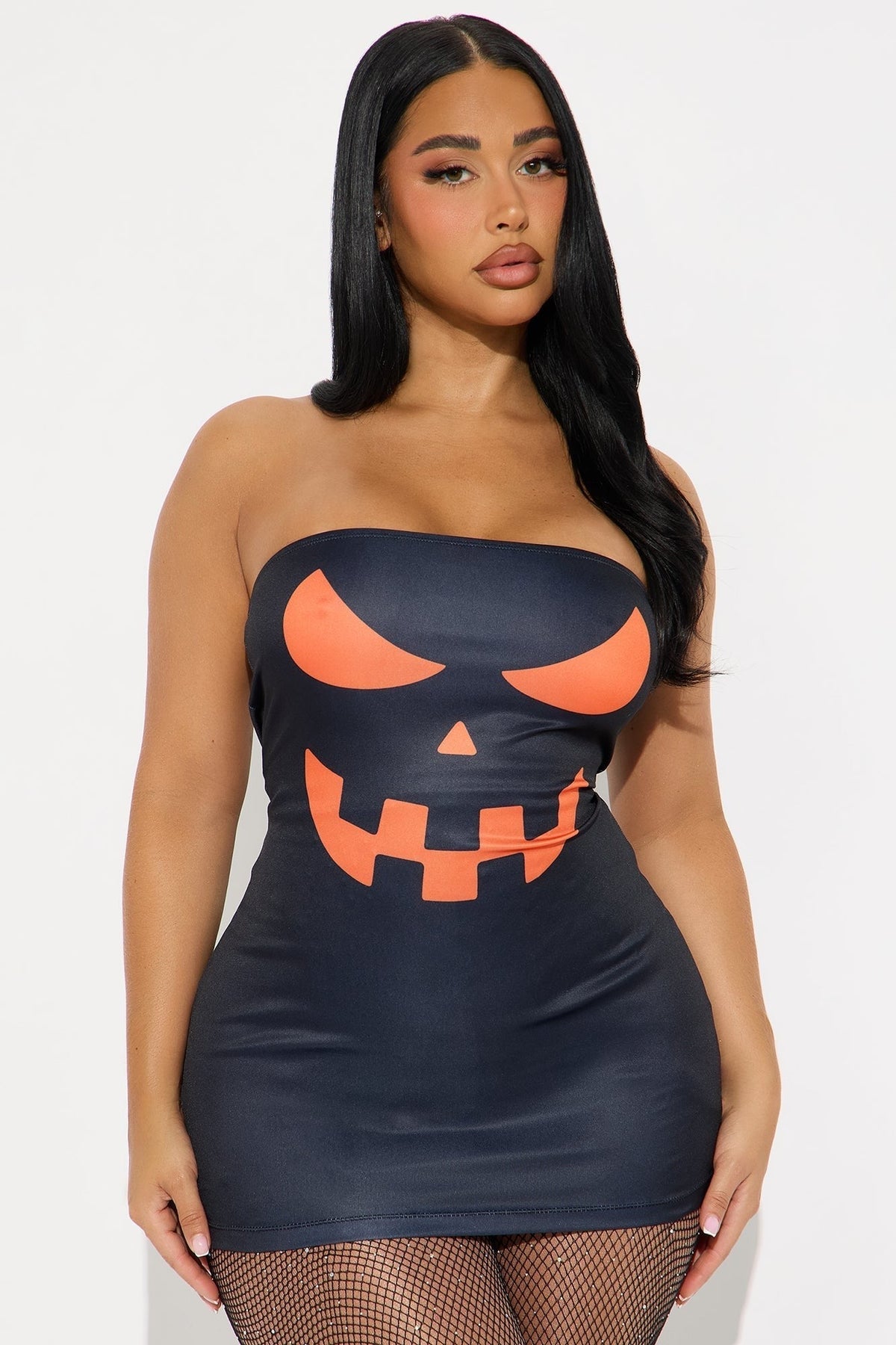 Bodycon Mini Dress with Pumpkin Face Print and Long Sleeves for Halloween