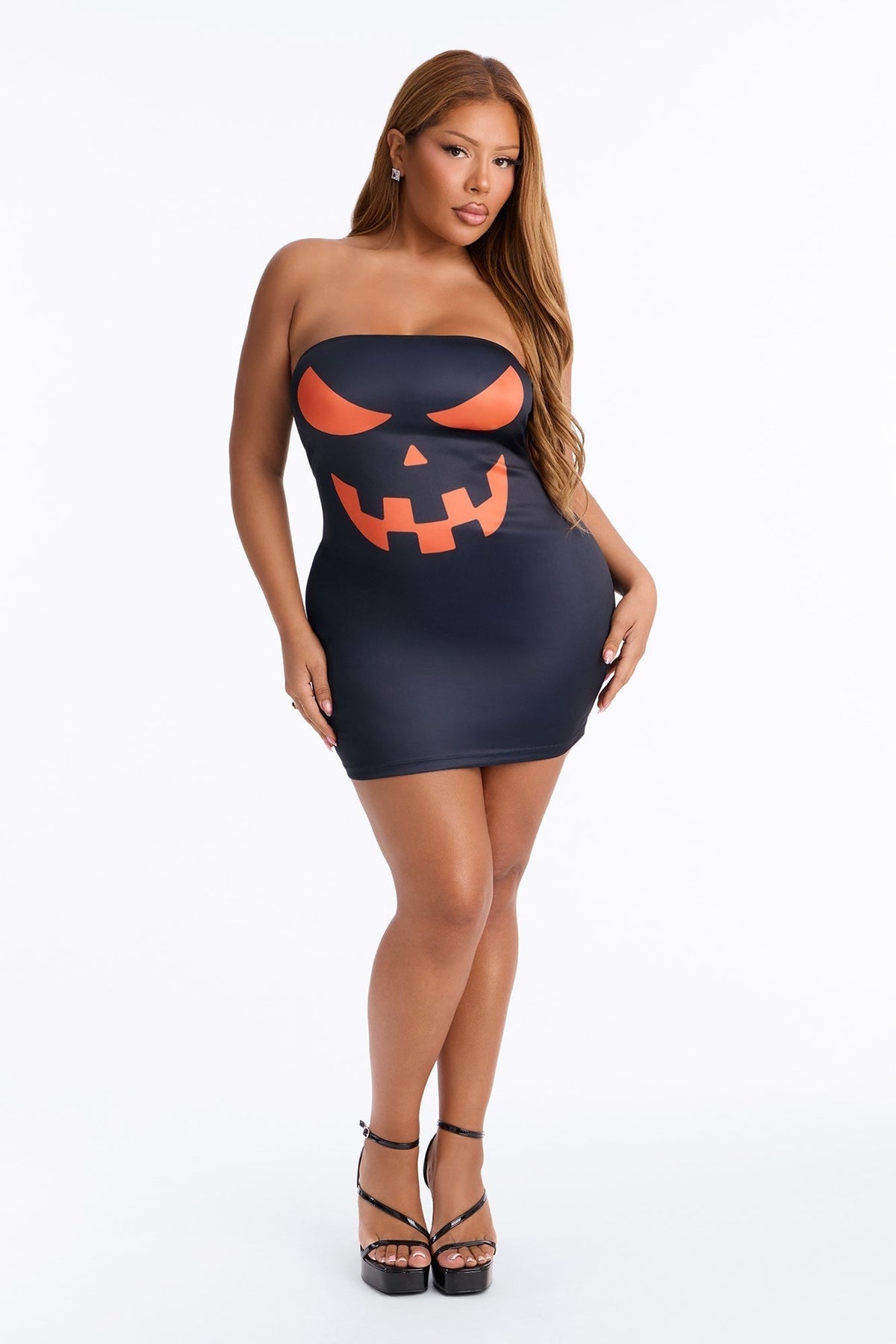 Bodycon Mini Dress with Pumpkin Face Print and Long Sleeves for Halloween