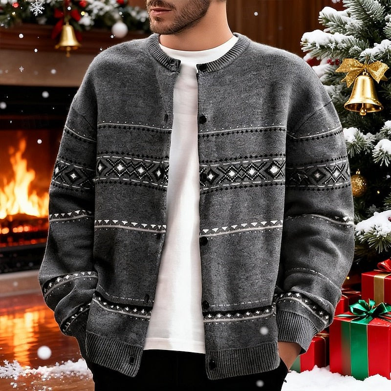 Geometric Knit Cardigan with Shawl Collar and Button Front, Christmas Pattern