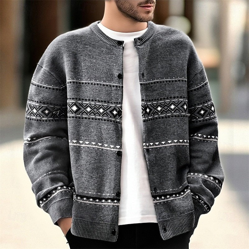 Geometric Knit Cardigan with Shawl Collar and Button Front, Christmas Pattern