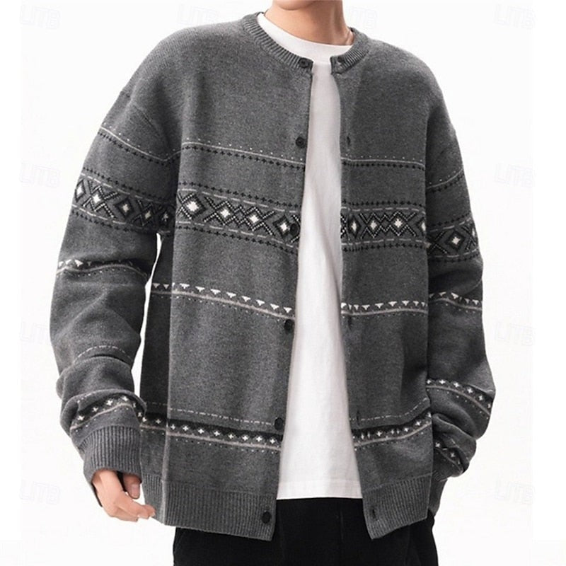 Geometric Knit Cardigan with Shawl Collar and Button Front, Christmas Pattern