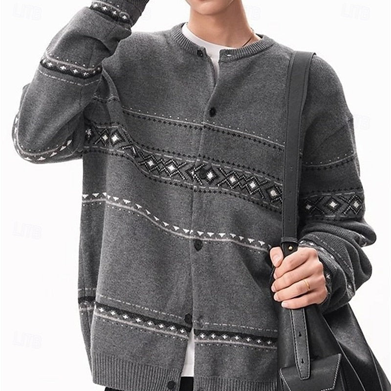 Geometric Knit Cardigan with Shawl Collar and Button Front, Christmas Pattern