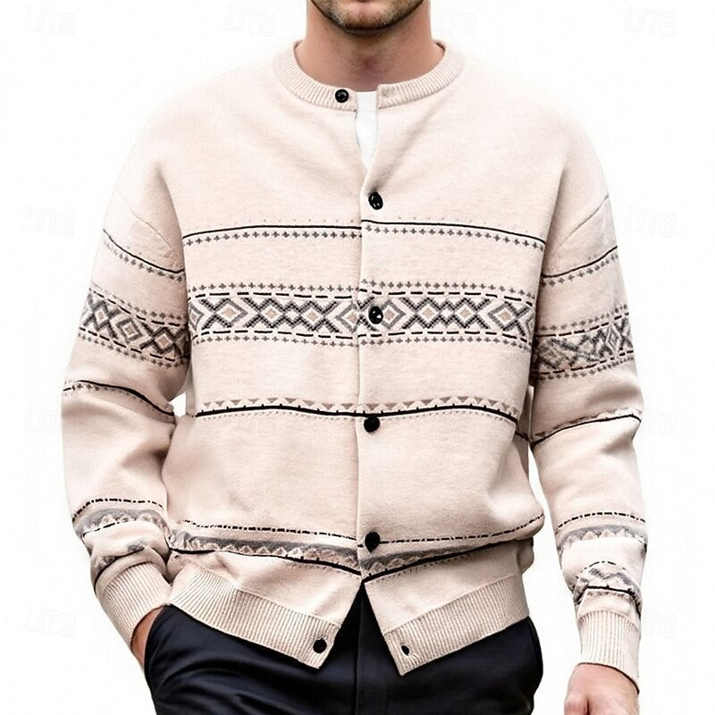 Geometric Knit Cardigan with Shawl Collar and Button Front, Christmas Pattern