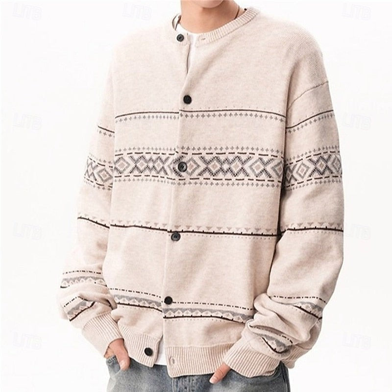 Geometric Knit Cardigan with Shawl Collar and Button Front, Christmas Pattern