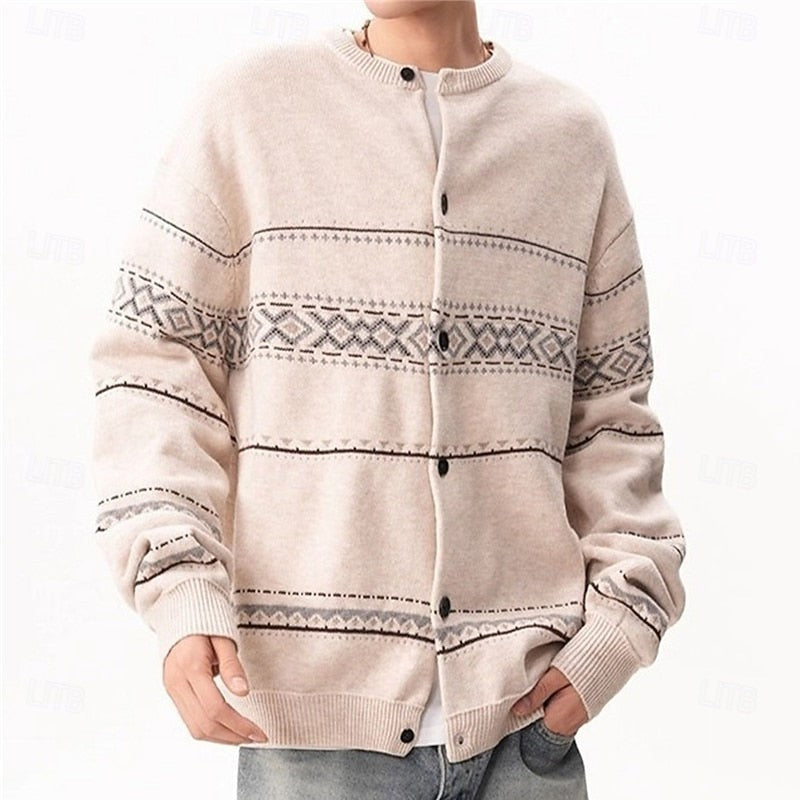 Geometric Knit Cardigan with Shawl Collar and Button Front, Christmas Pattern