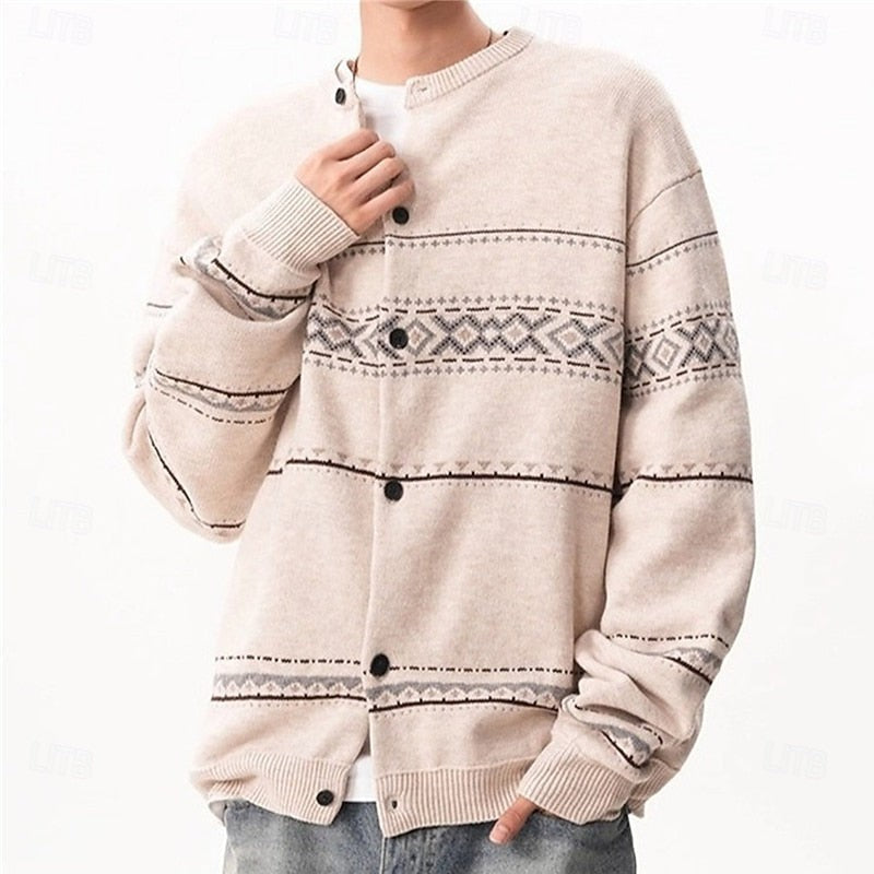 Geometric Knit Cardigan with Shawl Collar and Button Front, Christmas Pattern