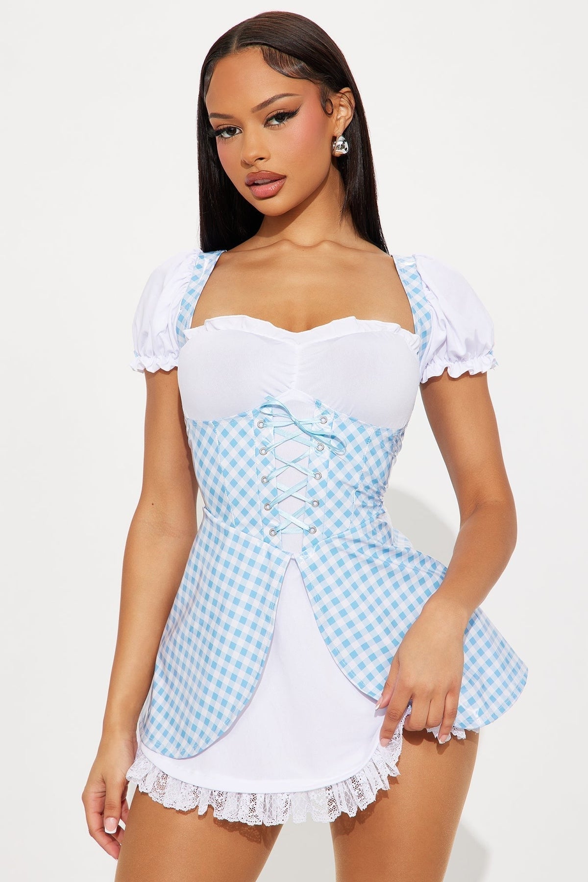 Two Piece Costume Set with Blue White Pattern and Reinforced Seams, XS-4XL