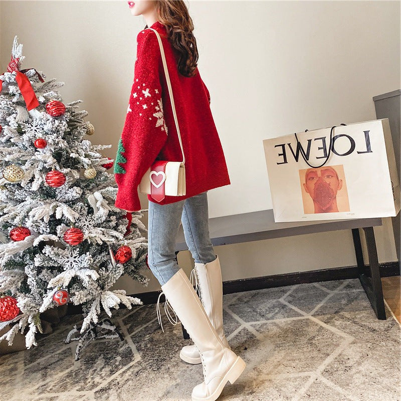 Snowflake Pattern Crew Neck Sweater with Color Block Design and Ribbed Cuffs