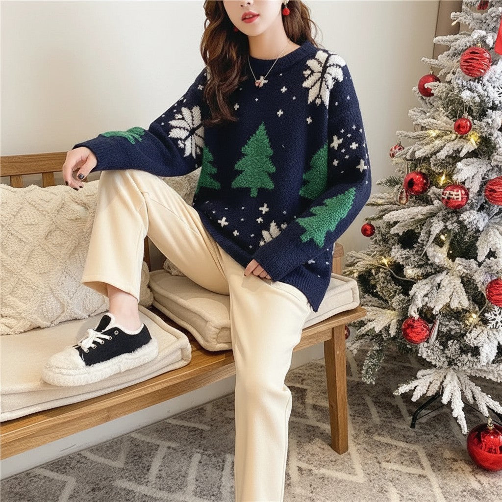 Snowflake Pattern Crew Neck Sweater with Color Block Design and Ribbed Cuffs