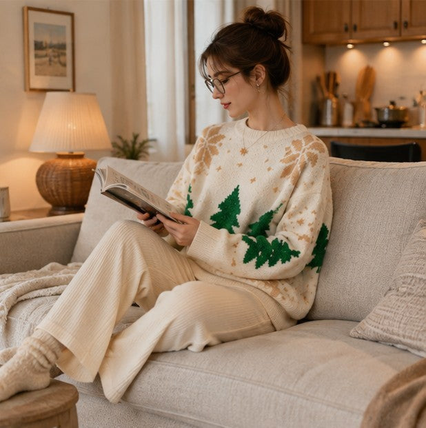 Snowflake Pattern Crew Neck Sweater with Color Block Design and Ribbed Cuffs