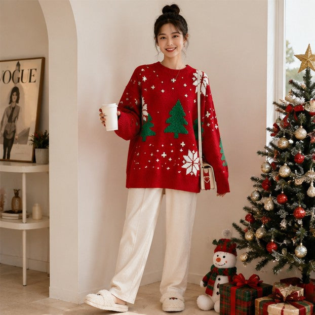 Snowflake Pattern Crew Neck Sweater with Color Block Design and Ribbed Cuffs
