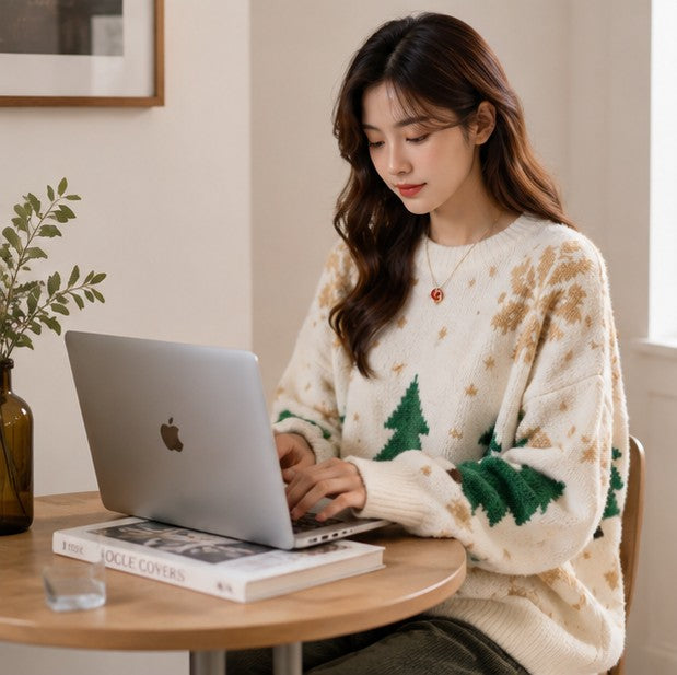 Snowflake Pattern Crew Neck Sweater with Color Block Design and Ribbed Cuffs