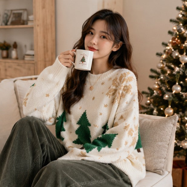 Snowflake Pattern Crew Neck Sweater with Color Block Design and Ribbed Cuffs