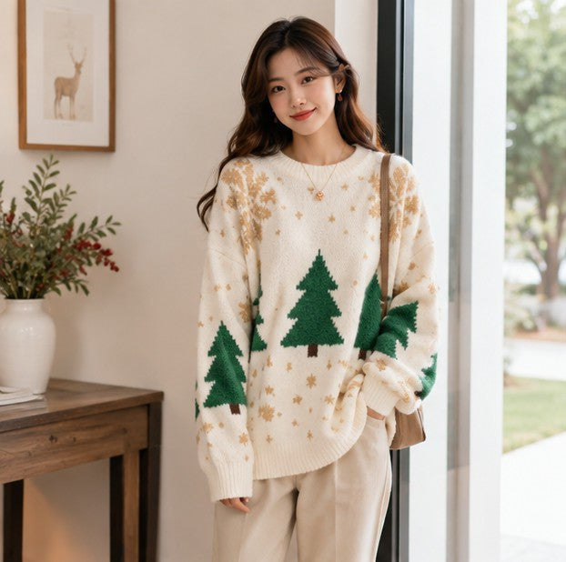 Snowflake Pattern Crew Neck Sweater with Color Block Design and Ribbed Cuffs