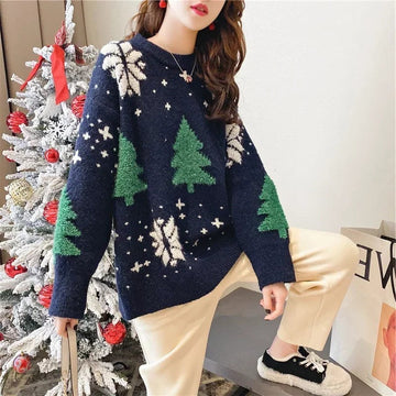 Snowflake Pattern Crew Neck Sweater with Color Block Design and Ribbed Cuffs