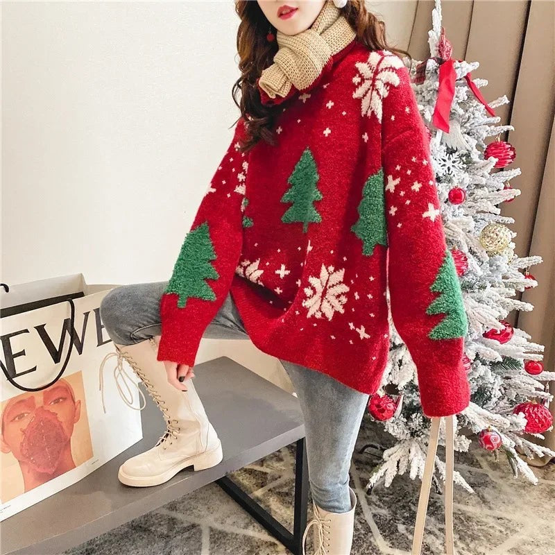 Snowflake Pattern Crew Neck Sweater with Color Block Design and Ribbed Cuffs