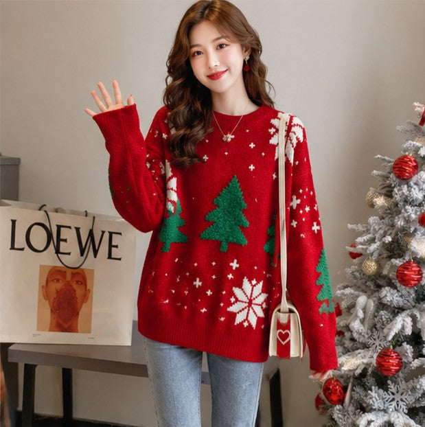 Snowflake Pattern Crew Neck Sweater with Color Block Design and Ribbed Cuffs