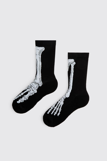 Crew Socks with Knitted Skeleton Graphics and Elastic Ribbed Cuff