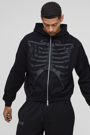 Oversized Zip Hoodie with Skeleton Puff Print and Brushback Fleece