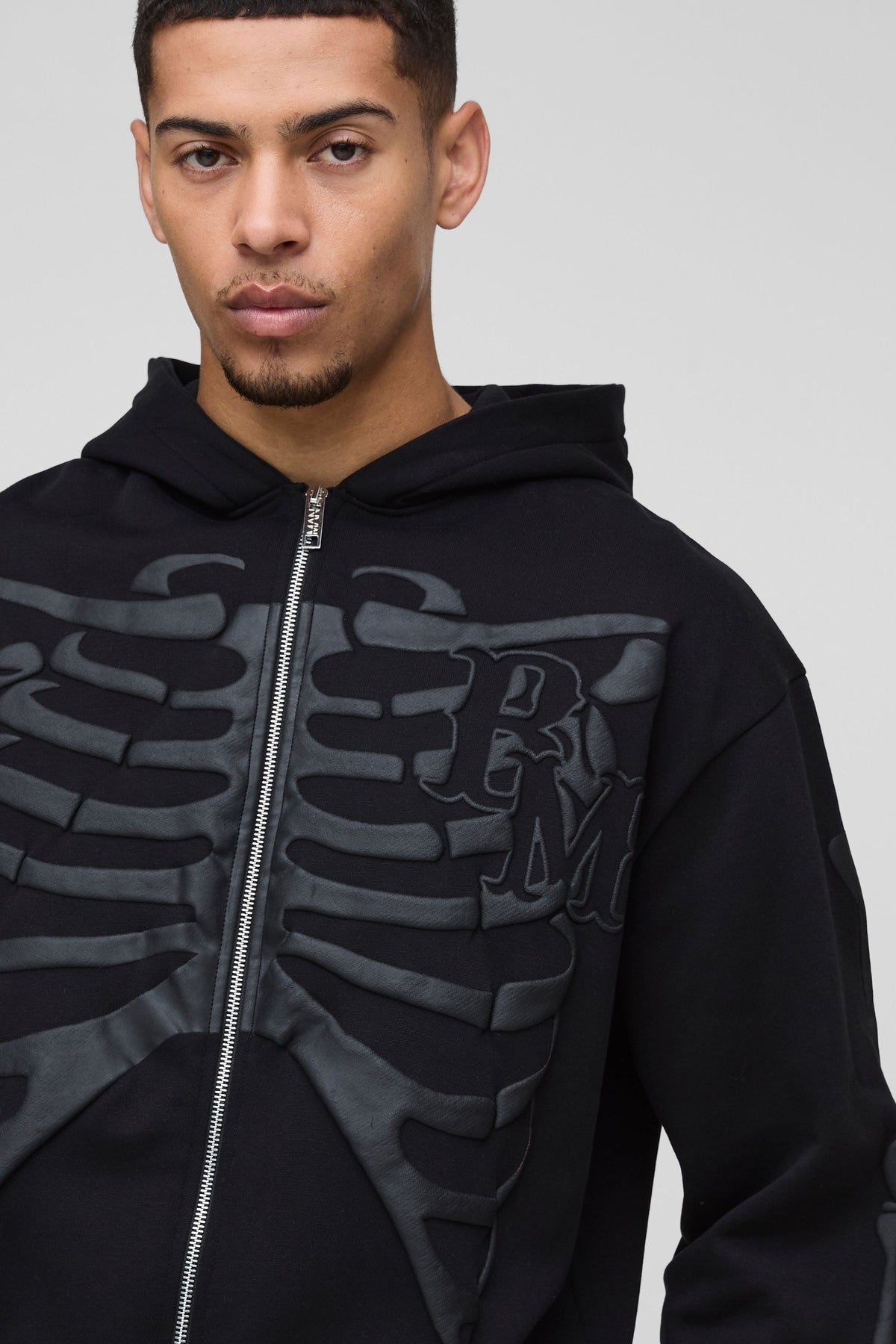 Oversized Zip Hoodie with Skeleton Puff Print and Brushback Fleece