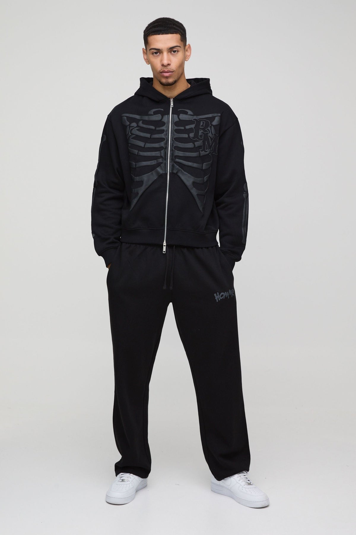 Oversized Zip Hoodie with Skeleton Puff Print and Brushback Fleece