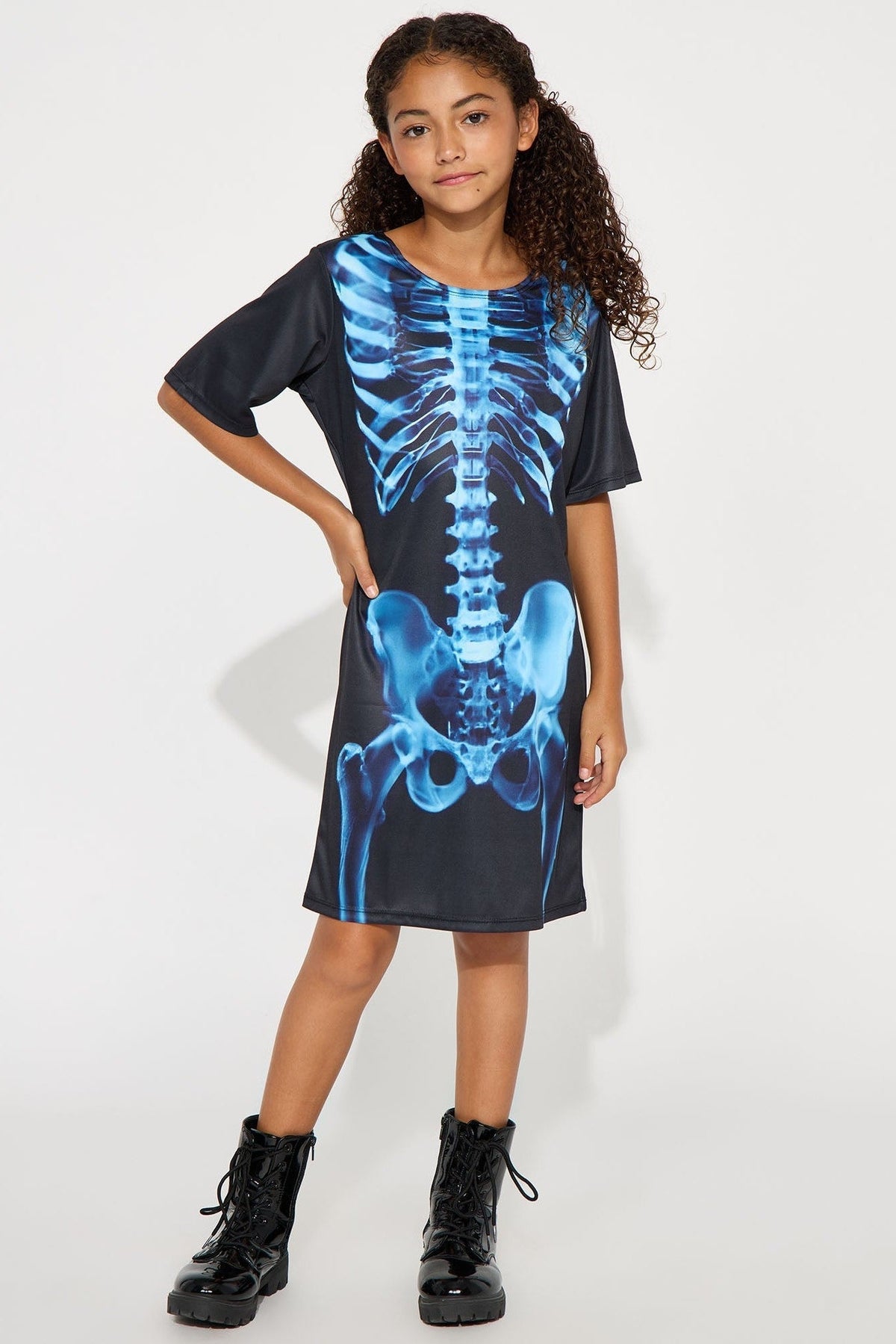 Skeleton Bone Print Dress for Kids with Short Sleeves and Crew Neckline