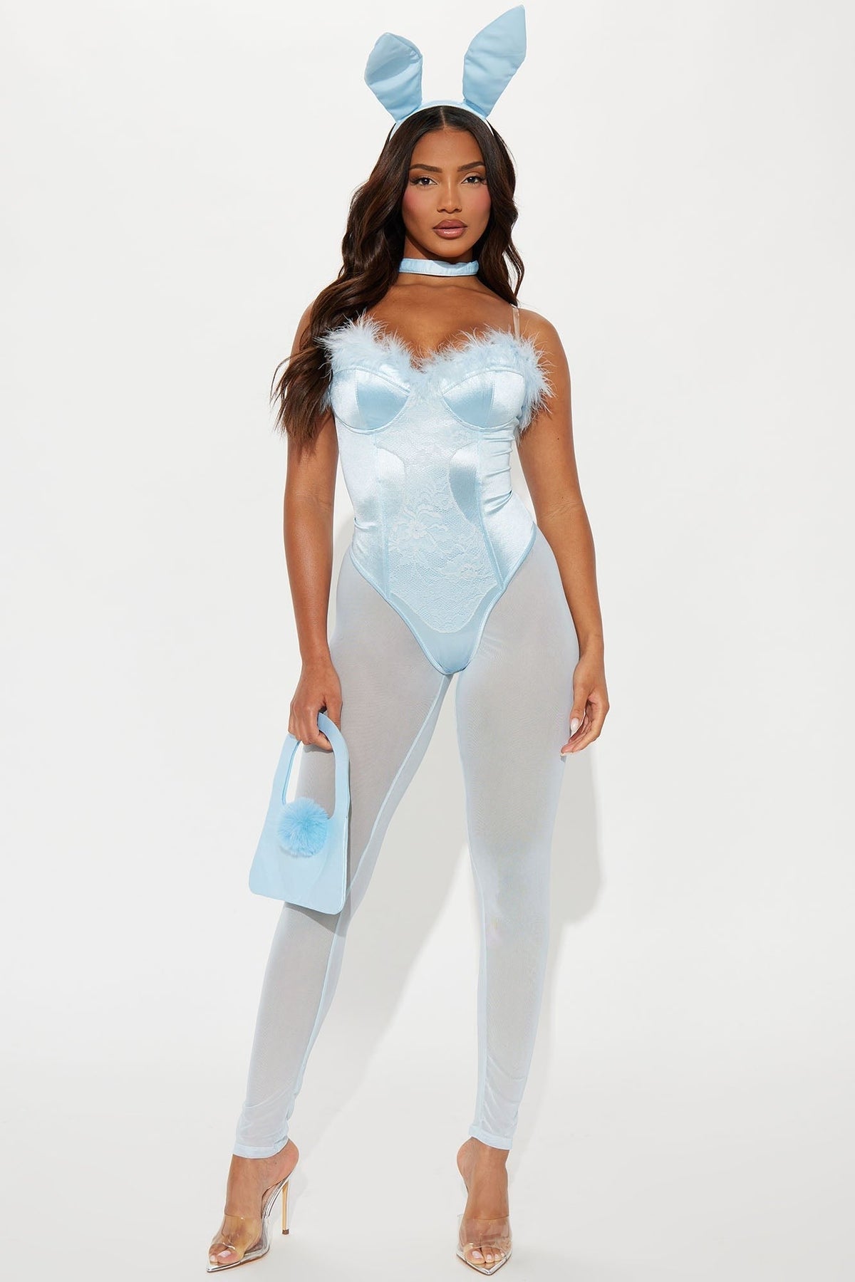 Bunny Costume Set with Bodysuit and Leggings, Ear Headband, Choker, Handbag