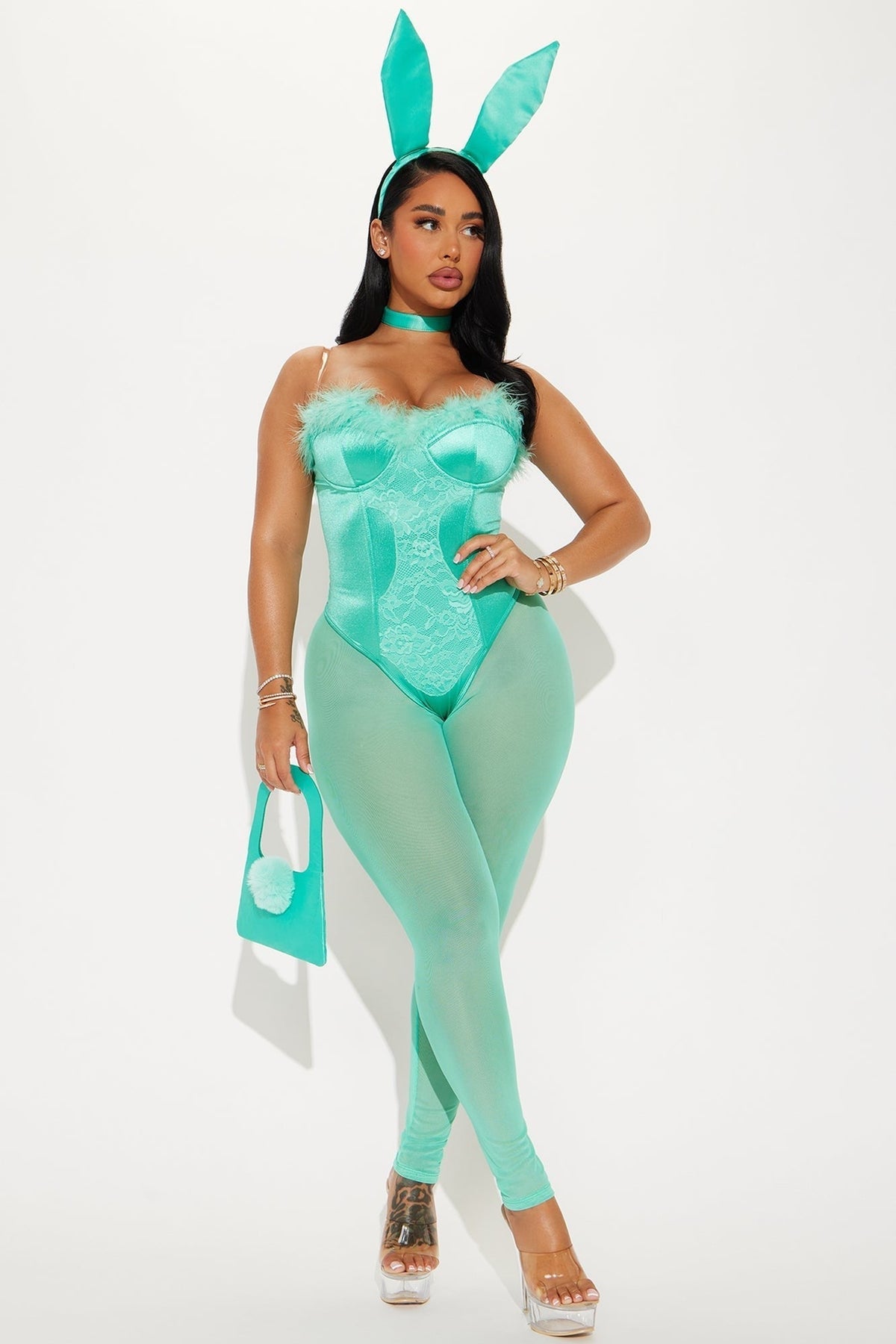 Bunny Costume Set with Bodysuit and Leggings, Ear Headband, Choker, Handbag