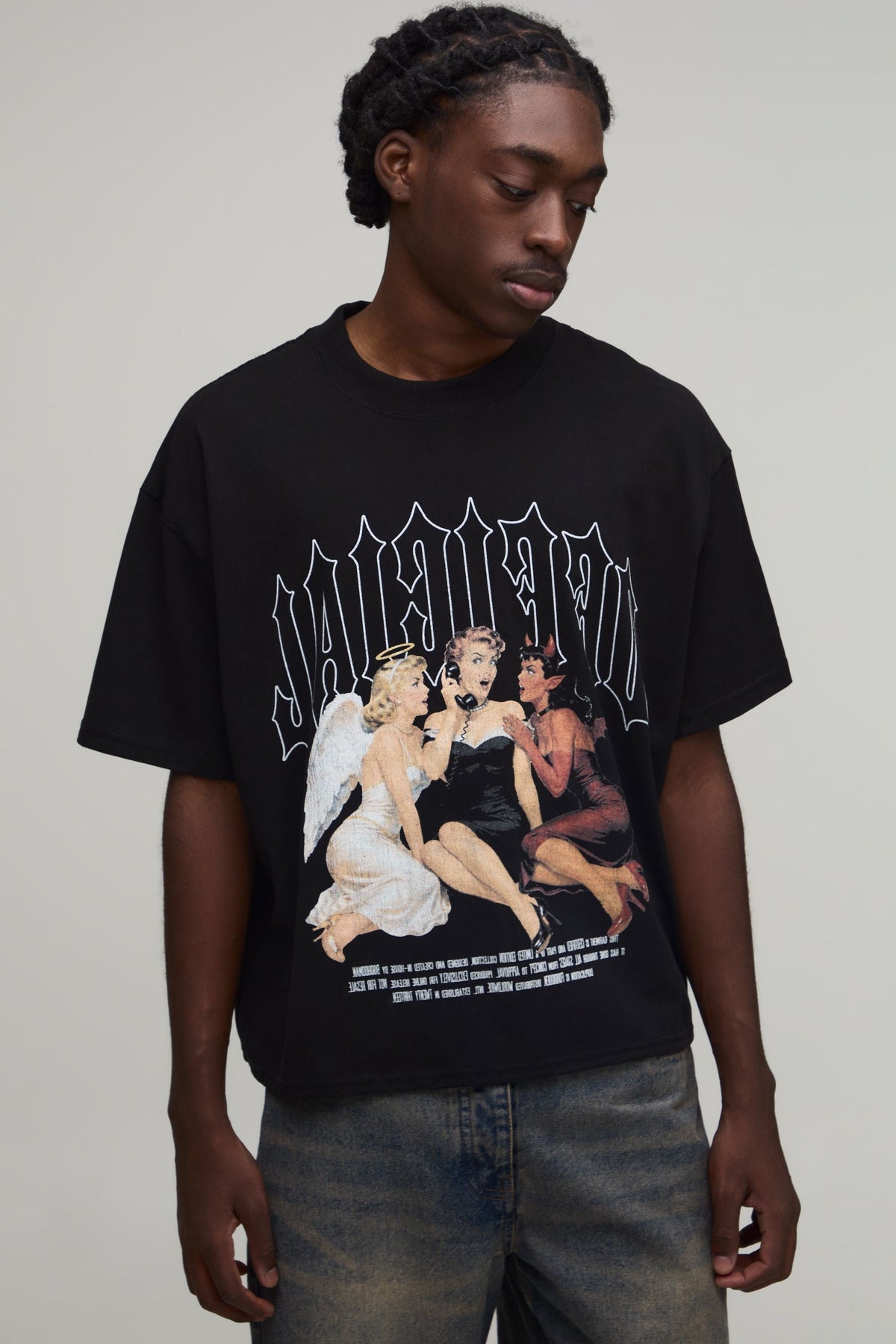 Cropped Gothic Graphic Tee with Oversized Boxy Fit and Dropped Shoulders