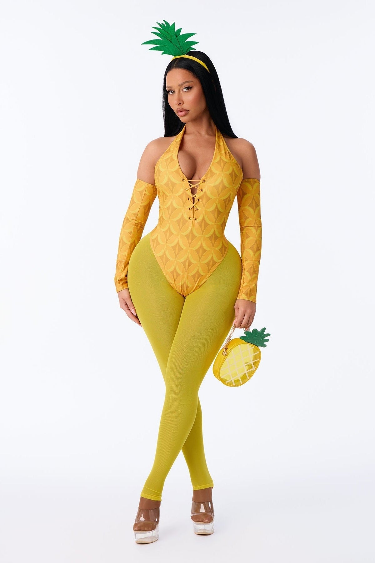 Yellow Bodysuit and Leggings Costume Set with Pineapple Bag, Five Pieces