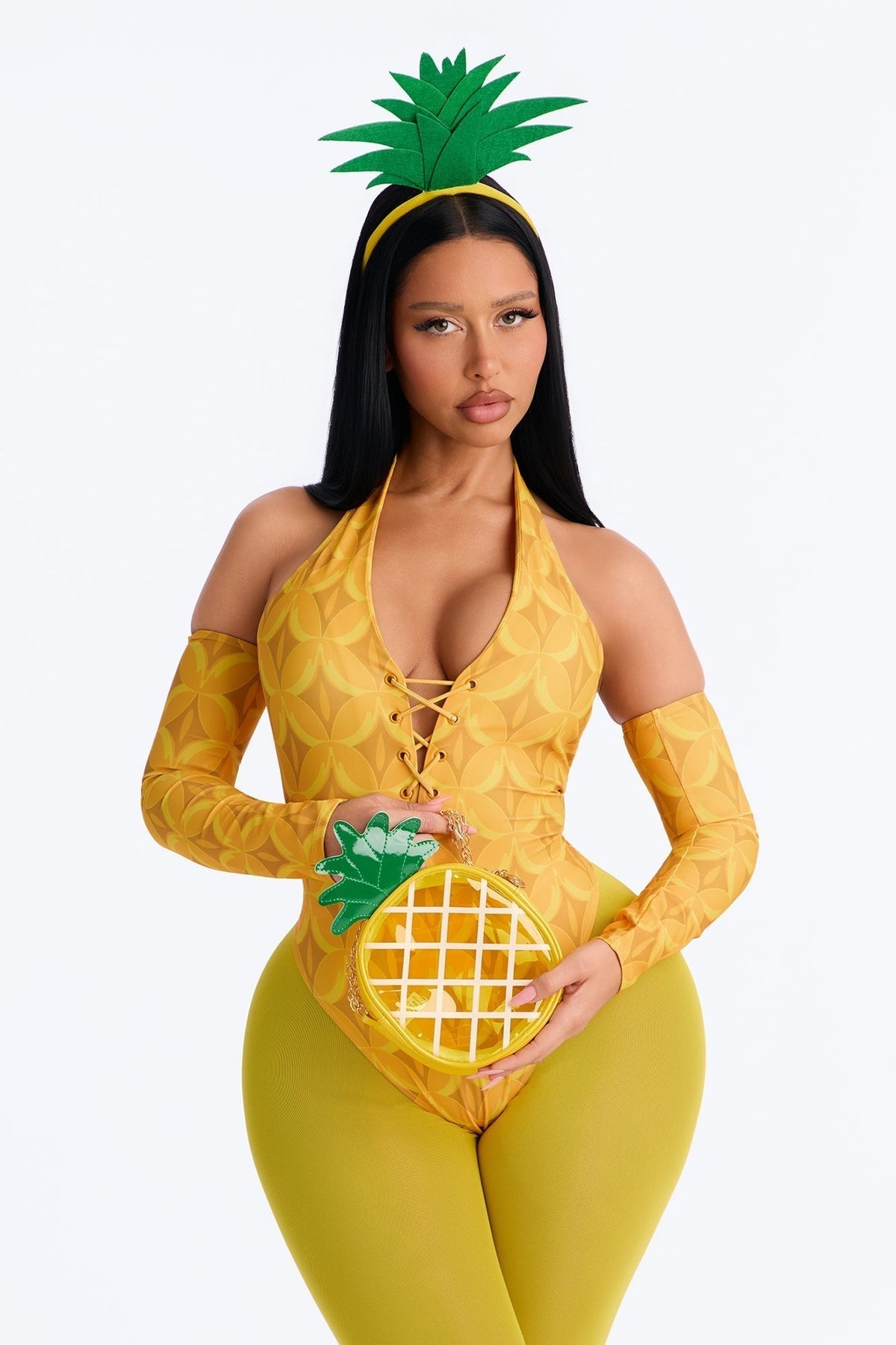 Yellow Bodysuit and Leggings Costume Set with Pineapple Bag, Five Pieces