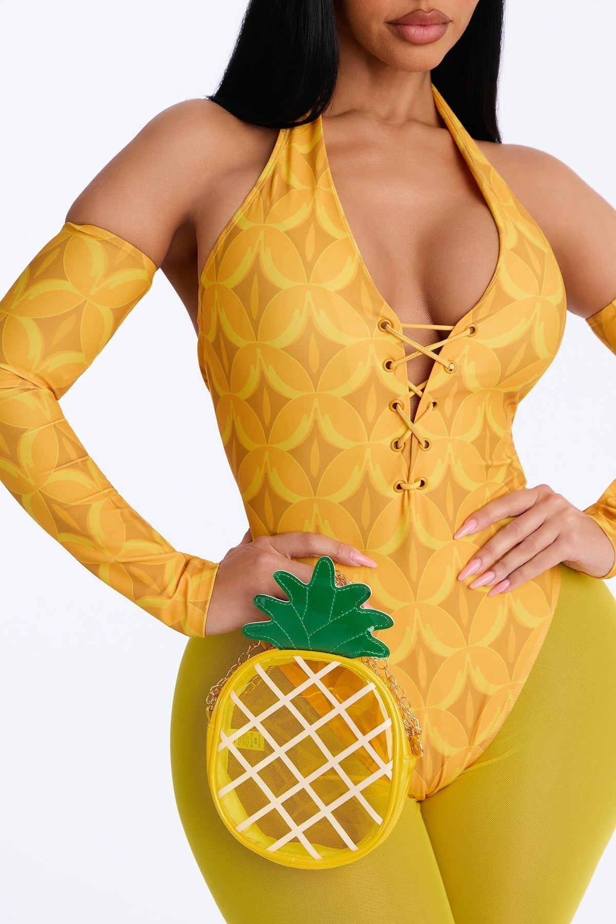 Yellow Bodysuit and Leggings Costume Set with Pineapple Bag, Five Pieces