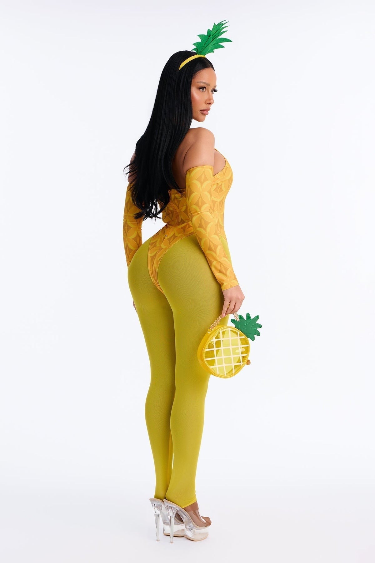 Yellow Bodysuit and Leggings Costume Set with Pineapple Bag, Five Pieces